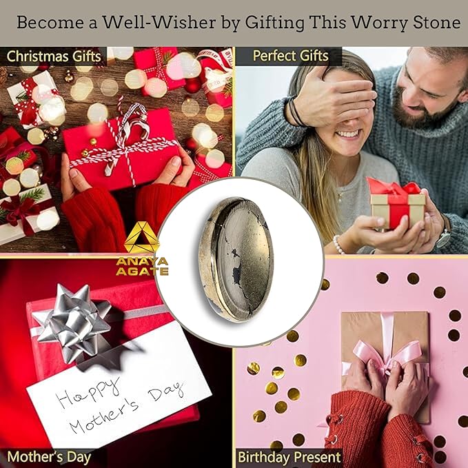 Natural Pyrite Worry Stones – Crystal Thumb Worry Stone for Anxiety, Stress – Relaxing and Soothing Balance Stones for Meditation, Stress Relief – Healing Stones and Crystals for Men and Women