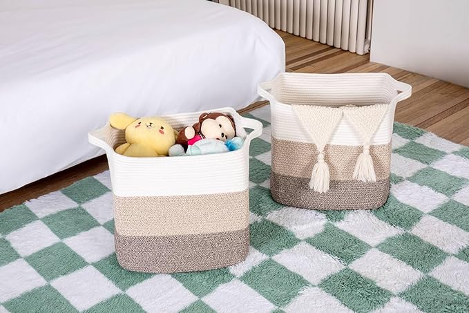 laughbird Storage Baskets for Clothes Fabric Cotton Rope Storage Basket with Handles, Decorative Woven Basket for Living Room, Closet Organizer Blankets, and 2 bags (Gradient Brown, L14×W11×H14)
