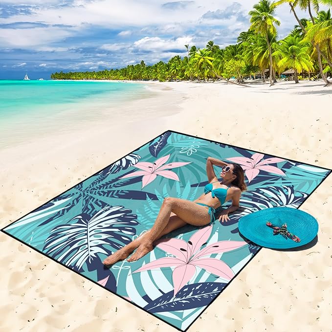 Beach Blanket Waterproof Sandproof Beach Mat 79" X 83"/10'x9' for 2-8 Adults Quick Drying Outdoor Picnic Mat Beach Accessories for Travel, Camping, Hiking