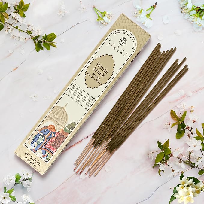 Incense Sticks, White Musk Incense, Made with Natural Ingredients, Hand Rolled Aromatic Masala, 40 Stick Pack, 45-60 Minute Burn Time, Best for Home Fragrance, Meditation, Yoga, Spiritual Healing