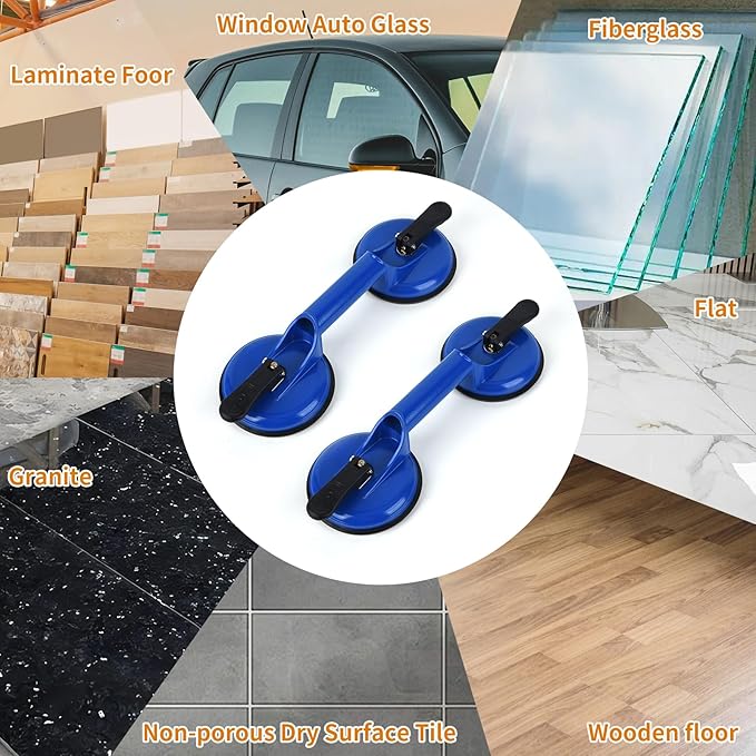 Suction Cups Heavy Duty Aluminum Vacuum Plate Handle Glass Holder Hooks to Lift Large Glass/Tile Lifter/Moving Glass/Pad for Lifting/Dent Puller (Blue,2 Pack)