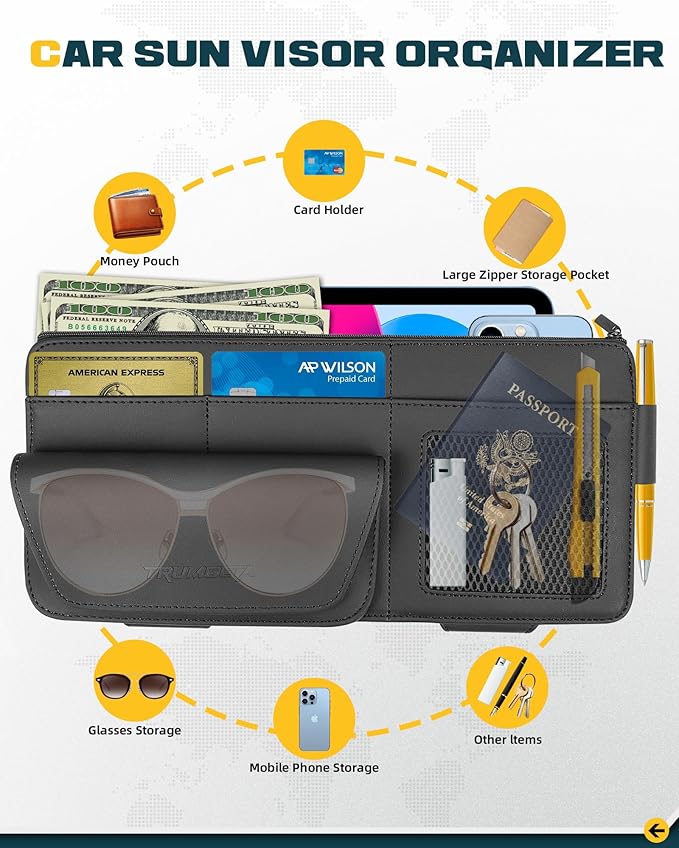 Car Sun Visor Organizer Premium Leather Storage Bag with Magnetic Sunglass Pocket, Extra-Large Zippered Compartment & Anti-Slip Mesh Pocket Sun Visor Organizer for Trucks, SUVs & Cars