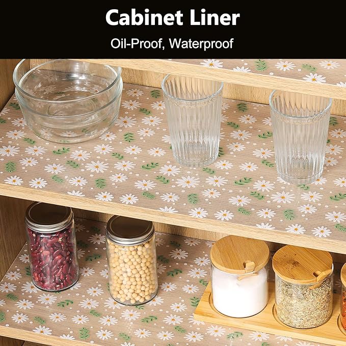 INNOLITES Shelf Liner for Cabinets, Non-Adhesive for Kitchen Drawer Liner, Waterproof Shelf Paper with Floral Pattern, Durable Easy to Clean (Green Daisy, 17.5" x 360")