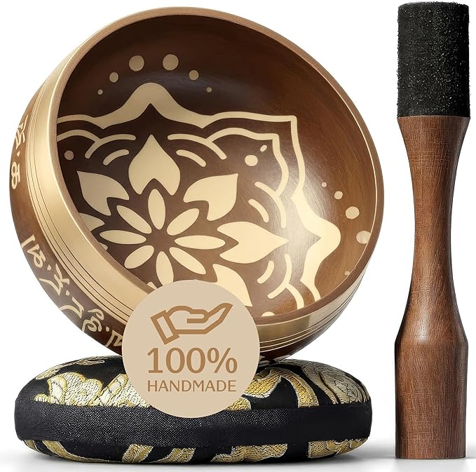 Handmade Tibetan Etched Singing Bowl Set – Sound Bowl & Meditation Bowl with Cushion, Mallet & Guide – Mindfulness Gift Ideas – Relaxation Instruments – Portable Meditation Kit