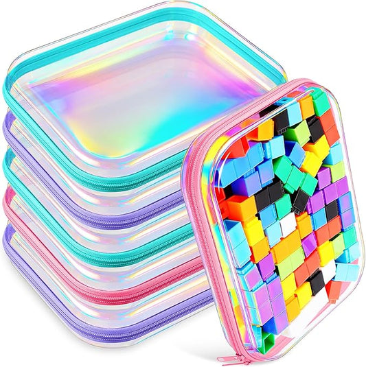 Sanwuta 6 Pcs Clear Hard Zipper Case Plastic Zipper Pouches Transparent Makeup Bag Pencil Case Pouches Toiletry Diaper Bag for Travel Toy Storage Organizer Bins(Holographic,9.84 x 7.87 x 2 Inch)