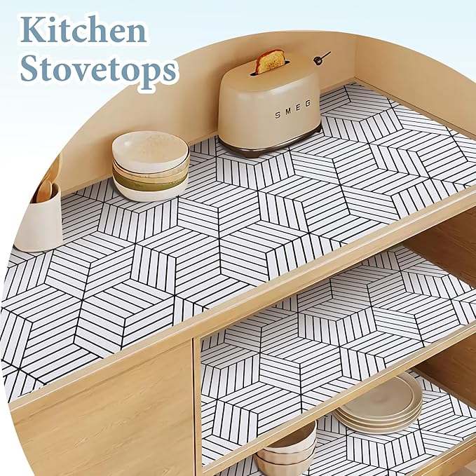 Shelf Liners for Kitchen Cabinets Non Adhesive Shelf Liner Paper Non-Slip Thickened Drawer Liner Easy to Clean for Tool Box Refrigerator with Knife and Tape Measure, Black Geometric, 11.8 x 118 in