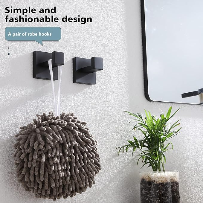 KOKOSIRI Bath Towel Hook Wall Mount Square Robe Hook Coat Hook, Bathroom Kitchen Garage Heavy Duty Wall Mounted, SUS 304 Stainless Steel, Matte Black, B1010BK-P2