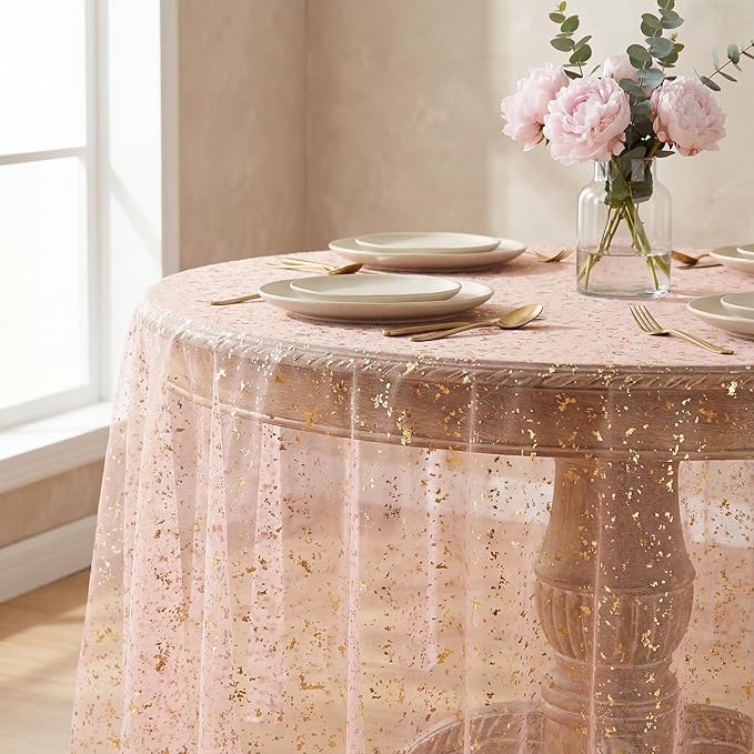 Horaldaily Pink Gold Gauze Tablecloth 60x60 Inch Round, Golden Sequin Glitter Metallic Foil, Sheer Tulle Cheesecloth for Wedding Baby Shower Ceremony Birthday