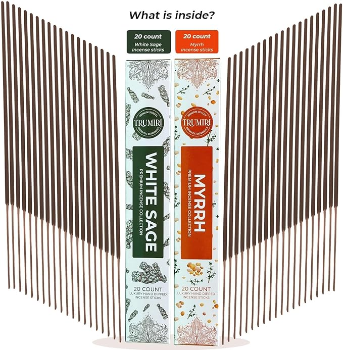 Trumiri Incense Sticks - Combo Pack of 40 Insence-Sticks - 20 White Sage + 20 Myrrh - Insenses - Insents - Incents - Inscense - Incence - Incienso - All Natural Incense Sticks