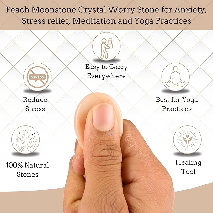 Peach Moonstone Worry Stones – Crystal Thumb Worry Stone for Anguish, Stress – Relaxing and Soothing Balance Stones for Meditation, Stress Relief – Healing Stones and Crystals for Men and Women