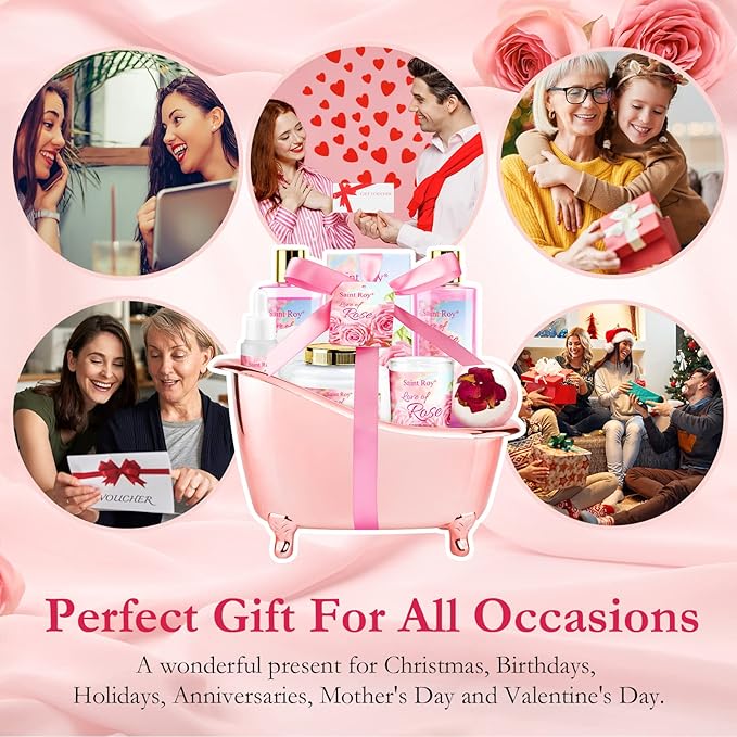 Bath Kit Christmas Gifts for Women, Spa Gifts bath Gifts for Her Rose Mother Gift Bath Set for Women, Luxury Home Spa bath and body Gift Basket, With Scents Lotion, Bath Bomb bridal shower gift basket