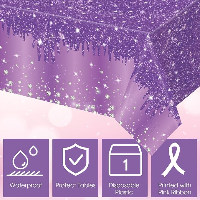 Ganeen 3 Pcs Purple Tablecloths Glitter Sparkling Disposable Plastic Table Cover Sequin Printed Rectangle Tablecloths for Girl Women Birthday Wedding Party Decor Supplies, 54 x 108 Inch