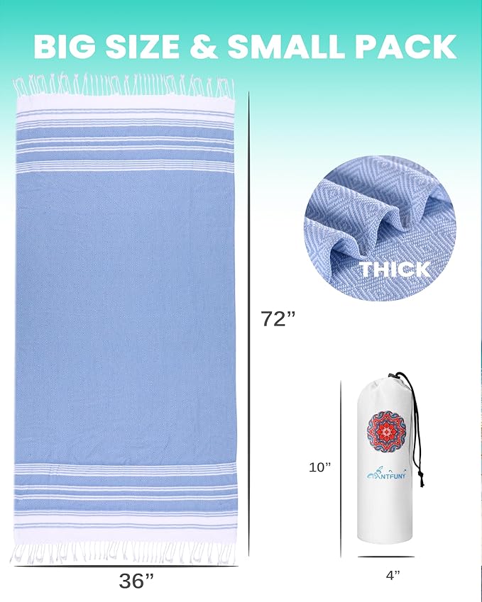 Antfuny Turkish Beach Towels Vacation Essentials Quick Dry Sand Free Soft Absorbent Adult Oversized Bath Pool Swim Long Wide Stripe Towel Sound Cloud Linen Mat Summer Thing Lightweight Thin Blue