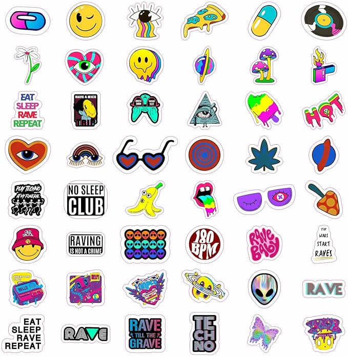BulbaCraft Rave Stickers for Water Bottle and Laptop - Trippy Stickers, Psychedelic Party Favors & Decorations, Waterproof Vinyl Festival Decals, Gifts for Women & Men