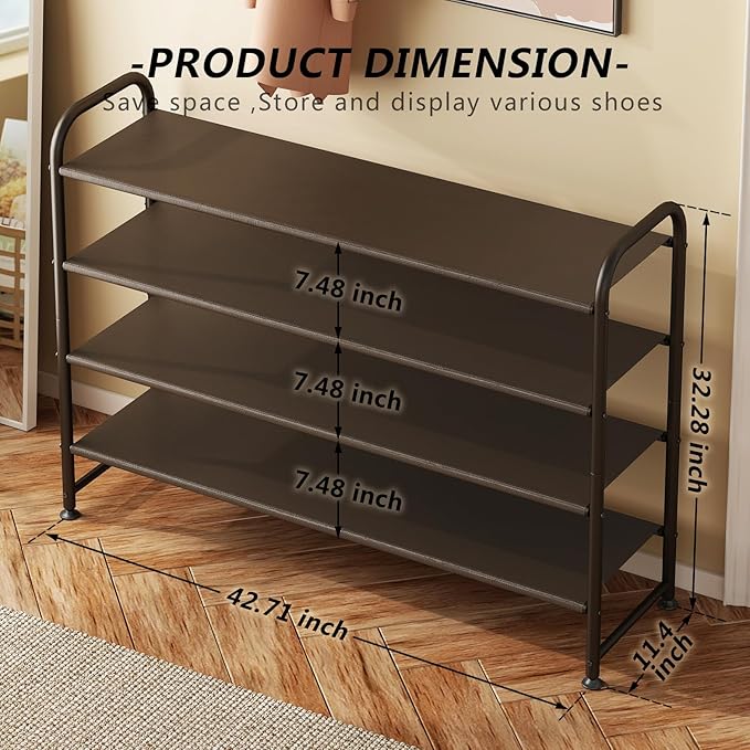 Shoe Rack 4-Tier Long Storage Organizer, Wide Metal Shoe Shelf for Closet, Entryway, Brown