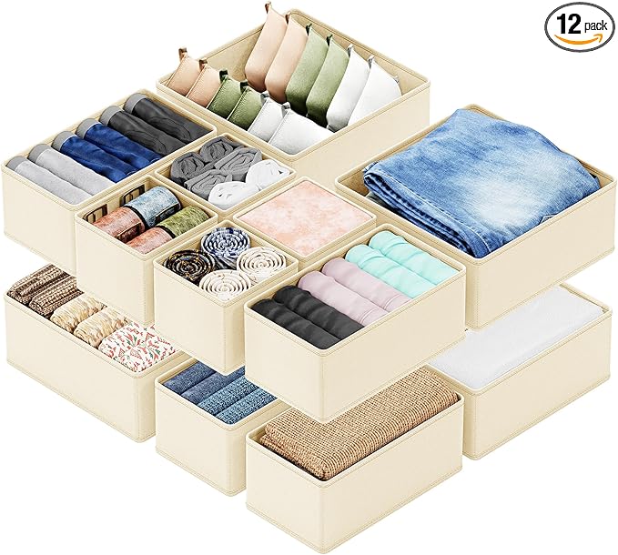 SpaceAid Drawer Organizer Clothes, 12 Pack Dresser Organizer Bins for Nursery, Closet Organization and Storage Dividers for Clothing, Baby Clothes, Underwear, Socks (Beige)