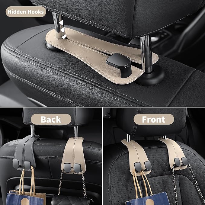 2-Pack KAFANLIN Car Headrest Hooks for Purses and Bags, Cute Leather Car Seat Back Headrest Double Hooks for Bags, Cute Pink Beige Car Accessories Headrest Back Seat Handbags Hook (Pink 2-Pack)