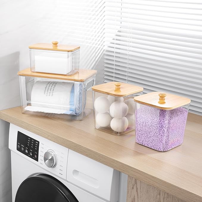 YAFFWA Extra Large Trash Bag Holder 4 Pack Garbage Bag Dispenser Roll Holder with Lid Laundry Room Organizer Under Sink Stackable Storage, Wall Mounted Laundry Dryer Sheet Holder Clear Pod Container