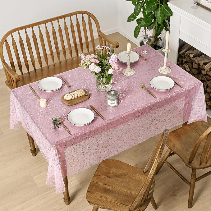Horaldaily Pink Gold Gauze Tablecloth 60x120 Inch Rectangular, Pink Sequin Glitter Metallic Foil, Sheer Tulle Cheesecloth for Wedding Baby Shower Ceremony Birthday