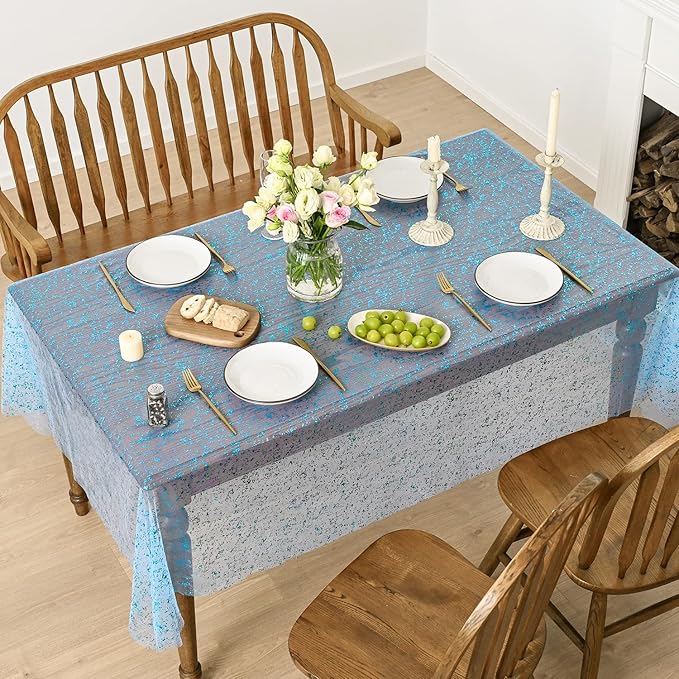 Horaldaily Light Blue Gold Gauze Tablecloth 52x70 Inch Rectangular, Light Blue Sequin Glitter Metallic Foil, Sheer Tulle Cheesecloth for Wedding Baby Shower Ceremony Birthday