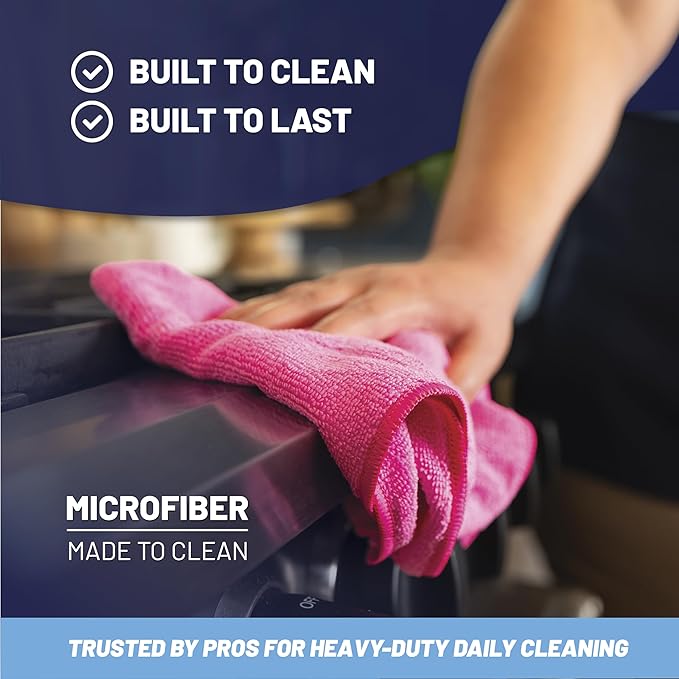 MW Pro Microfiber Cleaning Cloth | Pink | 12 Pack | 16” x 16” | All Purpose Microfiber Towels - Clean, Dust, Polish, Scrub, Absorbent
