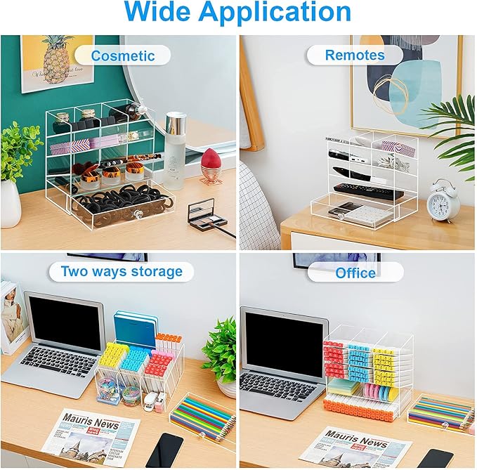 Marbrasse Clear Pen Organizer Storage, Acrylic Desk Organizer with 12 Compartments, Pen Holder for Desk, Desktop Art Organizer for Office School Art Supplies (Acrylic Pen Holder with Drawer)