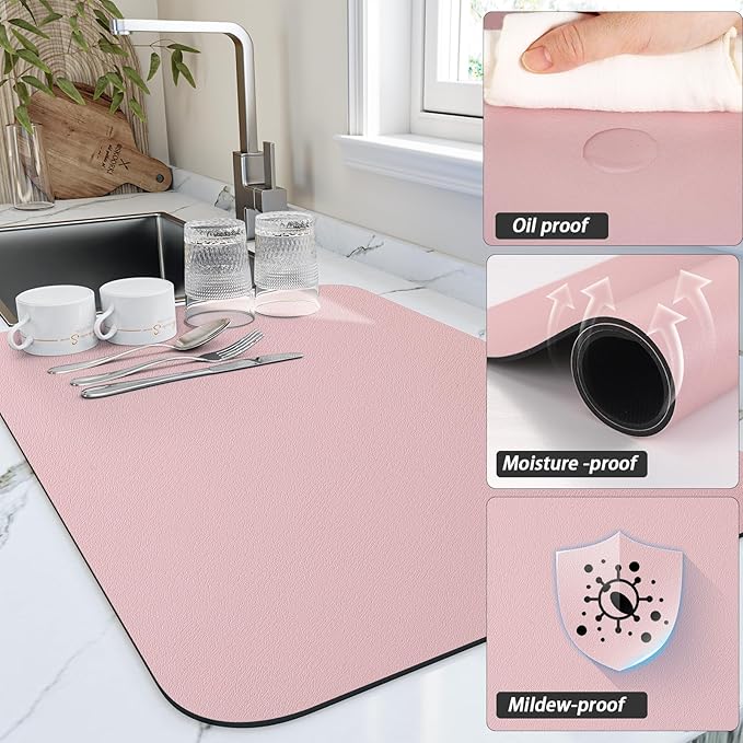 HotLive Dish Drying Mat for Kitchen Counter, Heat Resistant Drainer Mats with Non-slip Rubber Backed, Hide Stain Kitchen Super Absorbent Draining Mat, Easy to Clean Dish Rack Pad, Pink 18"x32"