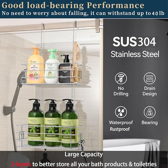 Hanging Shower Rack Shower Caddy with Rotatable Hook Bar, Over-the-Door and Can Be Hung on the Faucet or Claw Foot, 304 Stainless Steel Rust-Proof and Durable (Double-Layer)