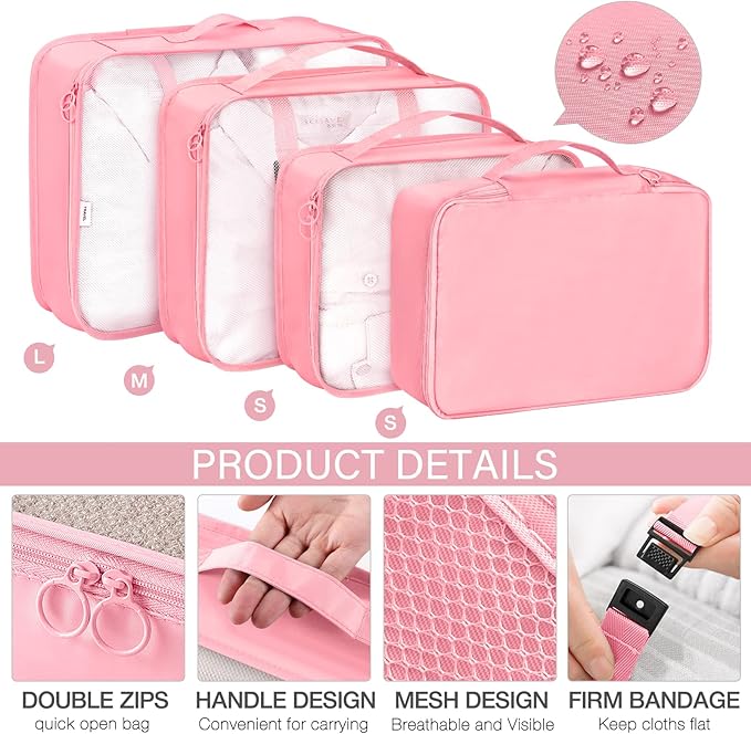 KPX 8 Set Packing Cubes for Travel, Luggage Packing Organizers Accessories Large Toiletry Bag for Clothes Shoes Cosmetics (Pink)