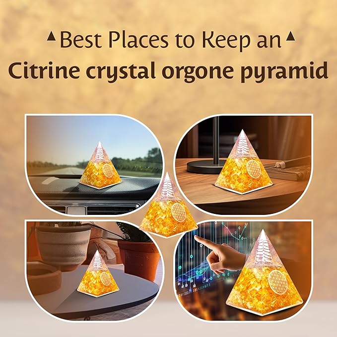 Orgone Citrine Pyramid for Success Handcrafted Orgonite Crystal Pyramid for Energy Balance, Meditation, Home Decor & Chakra Support
