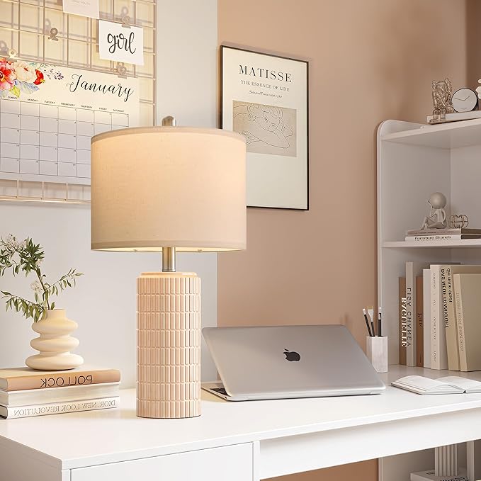 PoKat 23" Pink Ceramic Table Lamps Set of 2, Modern Bedroom Lamps for Girls Room, Bedside Lamps for Night Stands, Cute Lamps for Living Room Decor, Nightstands Desk Lamp, Pink