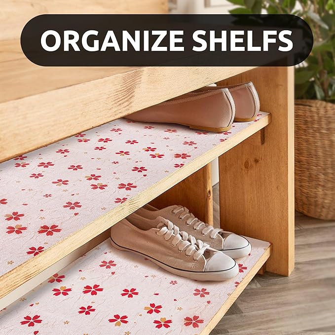 RAY STAR 12X120 Inch Shelf Liner for Kitchen Cabinets, Non-Adhesive Washable Cabinet Liner, Non-Slip PVC Drawer Liner for Dresser Bathroom (Red Floral)(5 Roll)