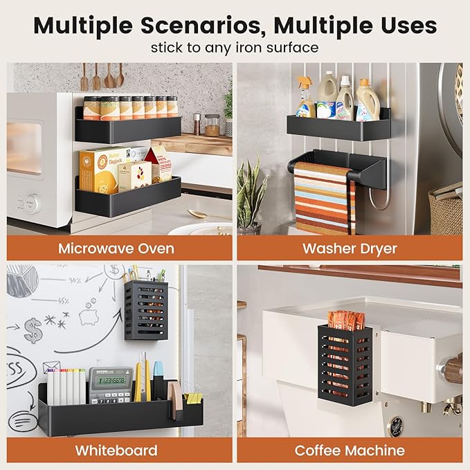 Magnetic Spice Rack for Refrigerator,7 Pack Magnetic Shelf,Fridge Magnet Organizer with Paper Towel Holder,Utensils Racks,Hook Rack,Fridge Organizers and Storage Black(7 Pack)
