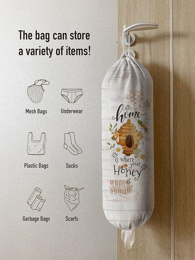 Hglian Bee Grocery Bag Holder, Plastic Bags Organizer Garbage Shopping Trash Bags Storage, Farmhouse Kitchen Décor-Home is Where Your Honey is