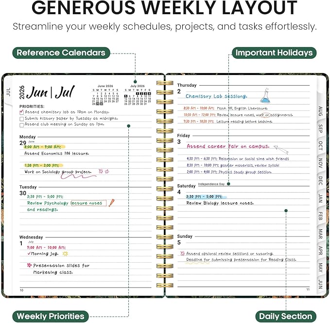 Planner 2026-2027, Academic Year Weekly and Monthly Calender Planner, from Jul 2026 - Jun 2027, Spiral Bound School Planning Book, Perfect for Teacher, Student, Women & Men, A5 (6.3" x 8.5"), Enchanted Grove