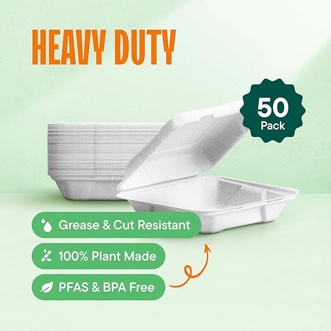 100% Compostable Clamshell Take Out Food Containers [8X8" 50-Pack] Heavy-Duty Quality to go Containers, Natural Disposable Bagasse, Eco-Friendly Biodegradable Made of Sugar Cane Fibers