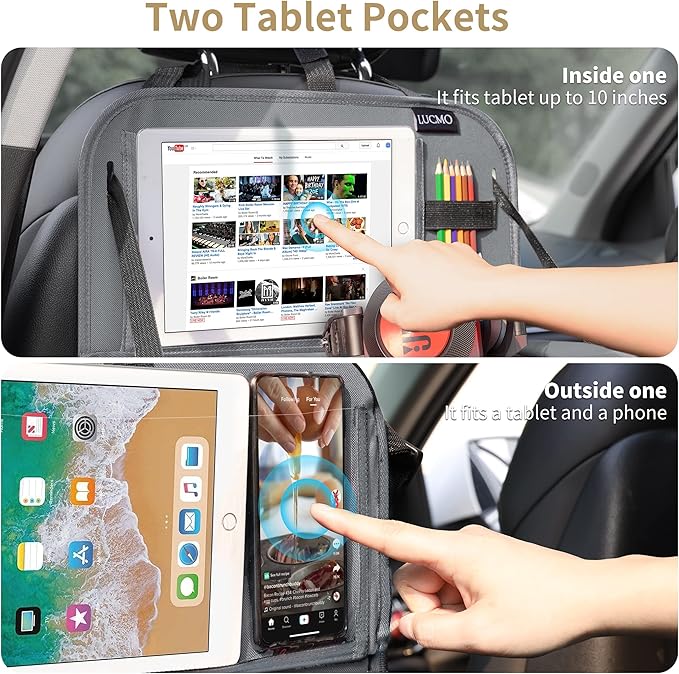 LUCMO Car Backseat Organizer with Tablet Holder, 6 Storage Pockets Car Storage Organizer with Foldable Food Tray, Protectors Kick Mats Travel Accessories - Grey