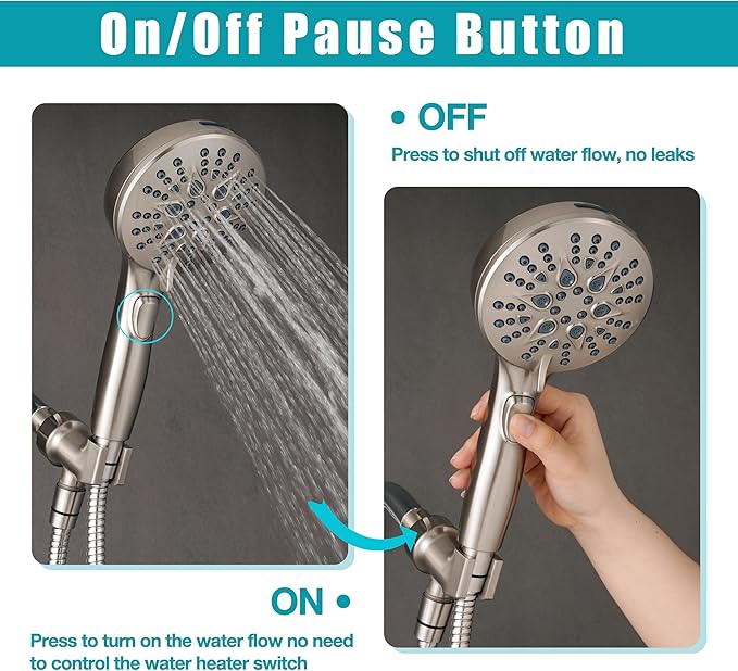 GwernKB Handheld Shower Head with on off Switch&Built-in Power Spray,7-Setting High Pressure Shower Wand with 79in Long Hose&Bracket and Extra Adhesive Shower Holder for Lower Mount,Brushed Nickel