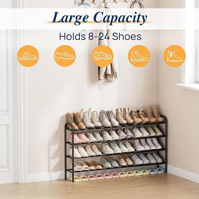 ENJOYBASICS Expandable Shoe Rack, 46.5'' Wide - 24 Pairs Adjustable Shoe Organizer Shelf for Closet, 4-Tier Black Metal Free Standing Shoe Rack Storage for Garage, Entryway