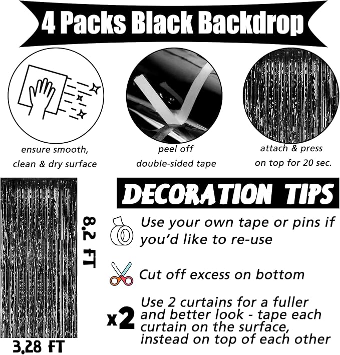 4 Pack Black Fringe Curtain Backdrop, 3.2Ft x 8.2Ft Metallic Tinsel Foil Fringe Streamers Curtains Background for Photo Booth Birthday Wedding Baby Shower Party Thanksgiving Christmas Decorations