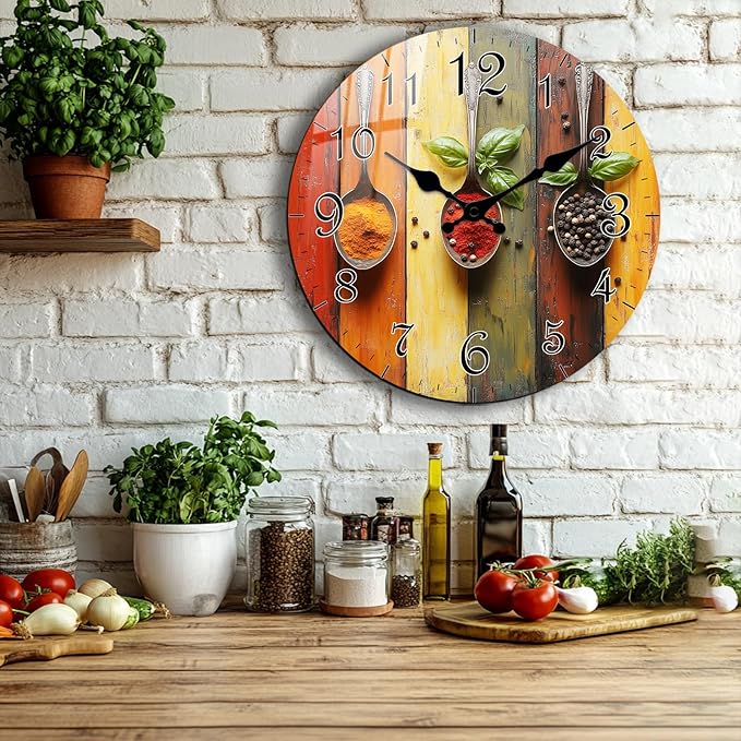 Spice Wall Clock 12 Inch, Vintage Wooden Silent Non Ticking Analog Wall Clock Battery Operated, Decorative Wall Clocks for Bathroom Kitchen Living Room Wall Décor