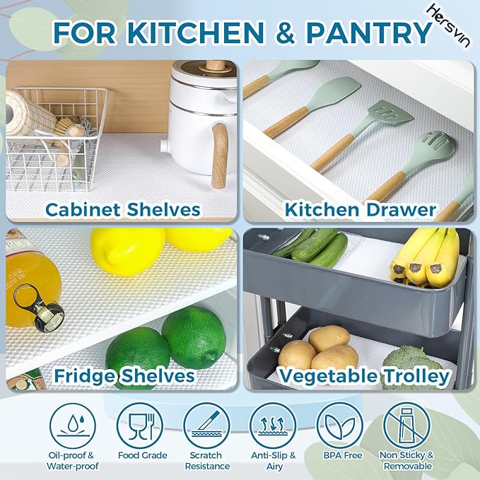 Hersvin Shelf Liners 12 in x 20 ft EVA Drawer Mats, Non-Adhesive Cupboard Pad, Kitchen Cabinet Lining Fridge Cushion (White Dot, 30.5cmx610cm)
