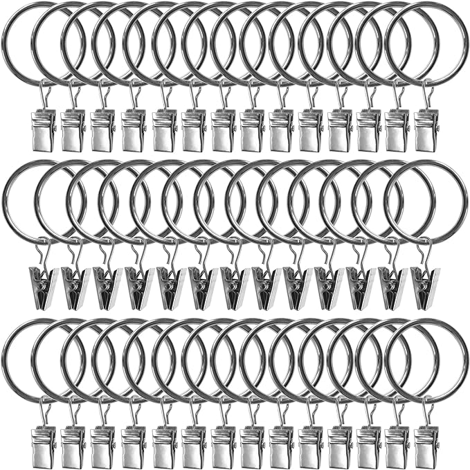 40 Pack Curtain Rings with Clips, Drapery Clips with Rings, Drapes Rings 1.26 in Interior Diameter, Fits up to 1 Inch Curtain Rod, Silver