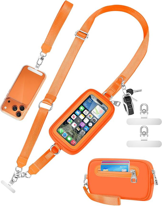 SHANSHUI Clip and Go Phone Lanyard Wallet, Hands Free Crossbody Strap with Zipper Pocket & ID Window, Includes 2 Metal Tether Pads for Phones, Keys, Earphones, Accessories Orange
