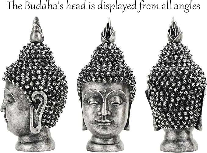Buddha Head Statue Zen Meditation Decoration, 11 inch Resin Antique Silver Buddha Head Statue for Buddhist Spiritual Altar Decoration Buddhism Gifts