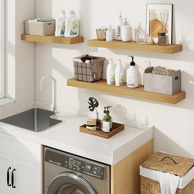 fuqing Floating Shelves for Wall, Wall Mounted Wood Floating Shelf with Invisible Brackets for Living Room, Bathroom, Bedroom, Kitchen Storage and Decor, 36 Inch Set of 2, Oak
