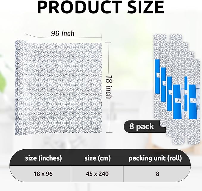 RAY STAR 18X96 Inch Shelf Liner for Kitchen Cabinets, Non-Adhesive Washable Cabinet Liner, PVC Drawer Liner for Dresser Non-Slip Bathroom (Black Floral) (8 Rolls)