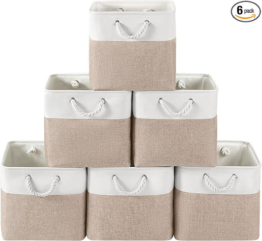 VQRTEXA 13 x 13 Inch Cube Storage Bins, 6 Pack Fabric Storage Basket with Handles, Foldable Boxes Organizer for Shelf Baskets for Home, Clothes (White/Khaki)