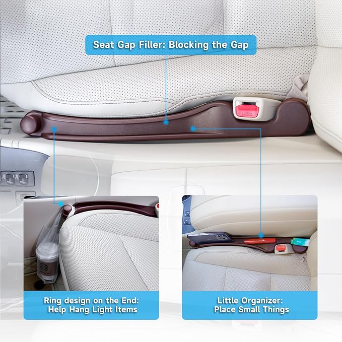 Car Seat Gap Filler Set of 2, 3-in-1 Seat Side Gap Filler Plug with Storage Slot & Hook Function, Soft Foam Universal Fit Car SUV Truck Fill Gap Between Seats Console Organizer (Narrow Deep Brown)