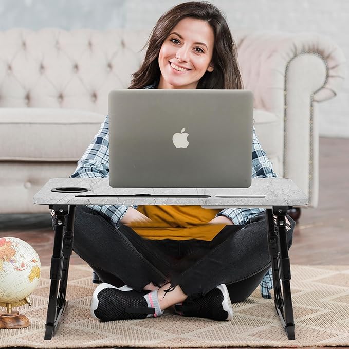 Laptop Desk for Bed Height Adjustable, Lap Bed Table with USB/Storage Drawer/Cup Holder/Tablet Stand/Book Shelf, Foldable Breakfast Tray Portable for Reading Writing, Sofa & Floor, Light Stone Texture